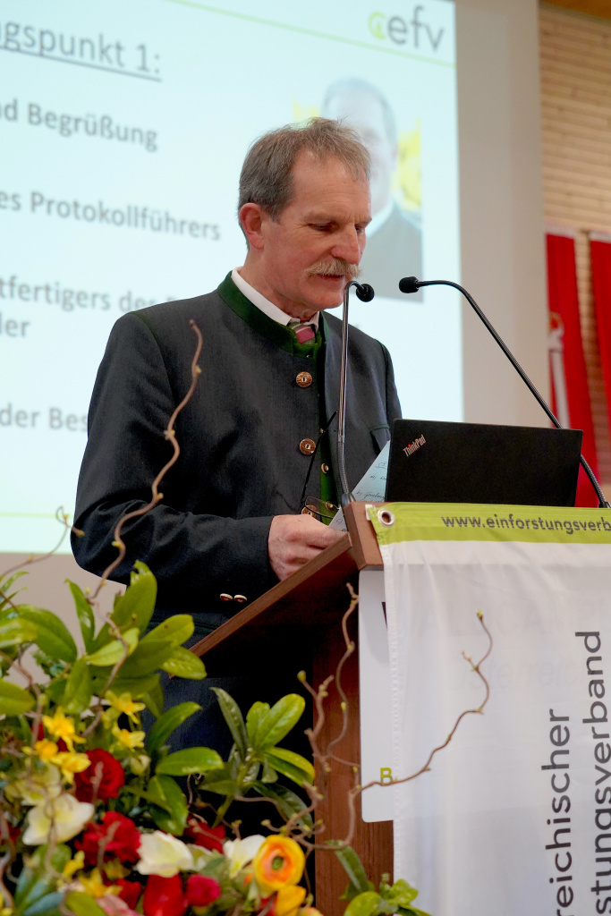 Redner am Podium bei einer Versammlung des Österreichischen Einforstungsverbands